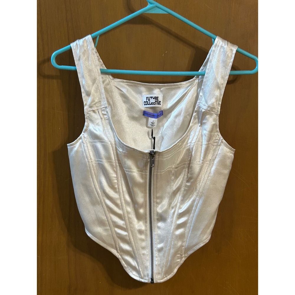 Future Collective Kahlana Barfield Brown Satin Corset Top Ivory Size 2 NWT